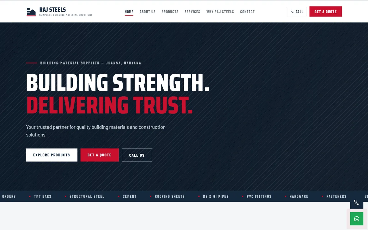 Raj Steels website on desktop, a building materials supplier's homepage built by ExioCraftz