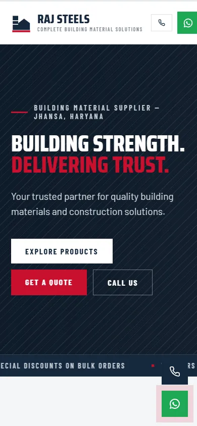 Raj Steels mobile homepage with Explore Products, Get a Quote and Call Us buttons
